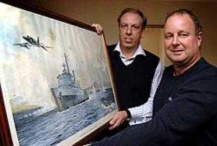Painting of the HMS Intrepid in battle in the Falklands War