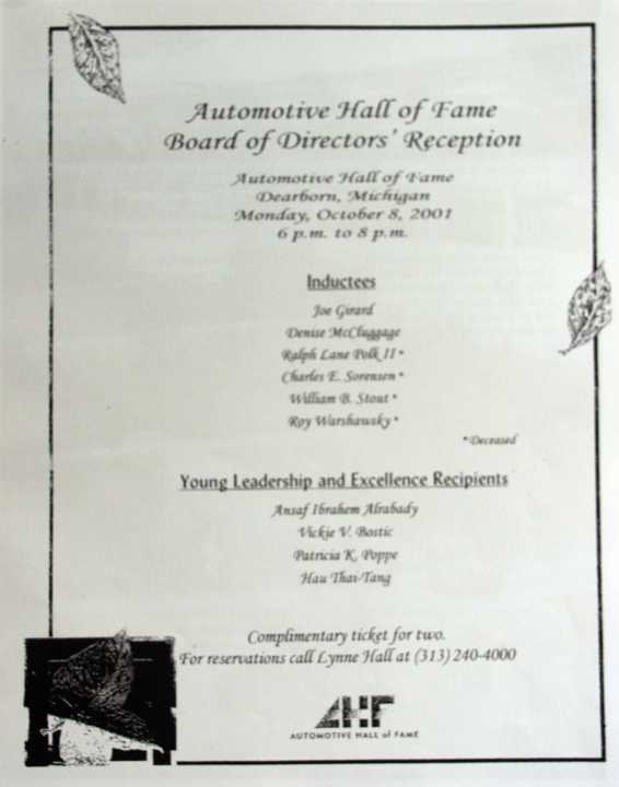 Automotive Hall of Fame Board of Directors Reception Booklet Page.