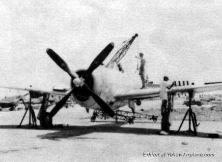 Photo of a P-47 Thunderbolt Fighter Plane on Wing Stands in WW2 Iejima.