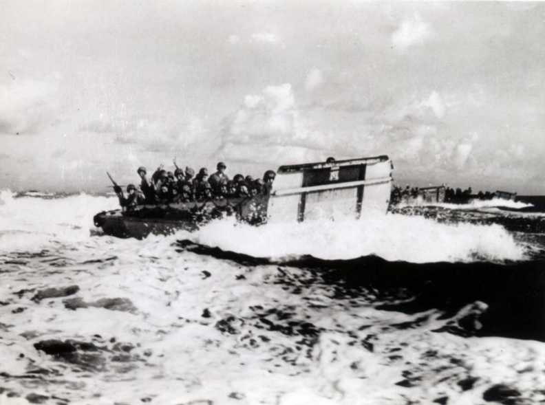 US Marines in landing craft during the American Invasion of Guam in WW2