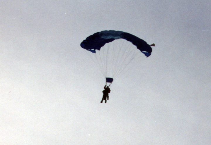 Coming in for a landing after skydiving over the North Pole