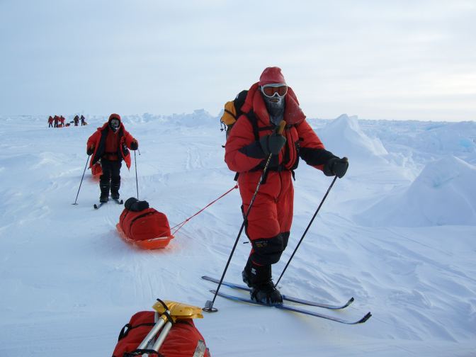 The Chinese Ski Team Travels along a pressure ridge to the North Pole