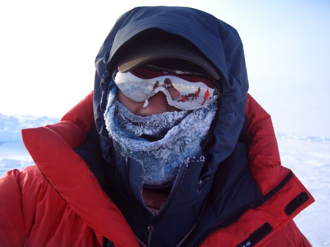 Ski Team Member has his ski mask completely covered with ice