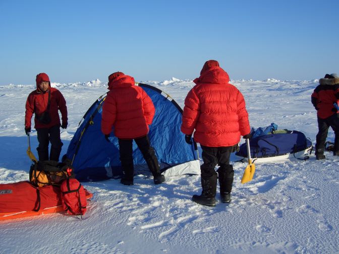 Setting up camp on the North Pole ski expedition