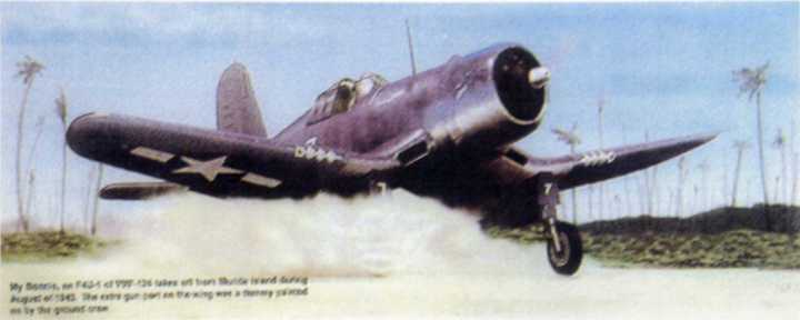 Photo of a F4U Corsair flying  in the Pacific Theater in World War 2..