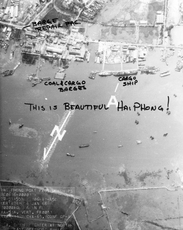 Here's an aerial view of Hai Phong harbor at the beginning of the Viet Nam War  taken from a US Navy Vigilante