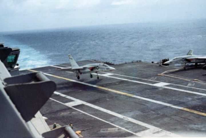 Here's an RA5C Vigilante landing on the deck of the USS Kitty Hawk Aircraft Carrier
