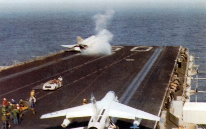 This F-4 Phantom crashes into the water after being launched off of the deck of the USS Saratoga CV-60 aircraft carrie