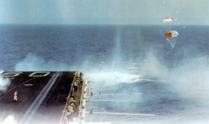 The F-4 Phantom crashes into the ocean but the pilots eject to safety from the aircraft carrier USS Saratoga