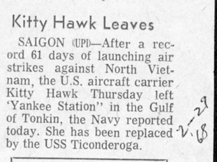 uss kitty hawk gets replaced by the USS ticonderoga in the Gulf of Tonkin