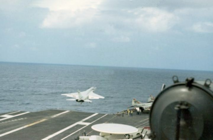 An A-5 Vigilante misses the wire on the flight deck of the kitty hawk