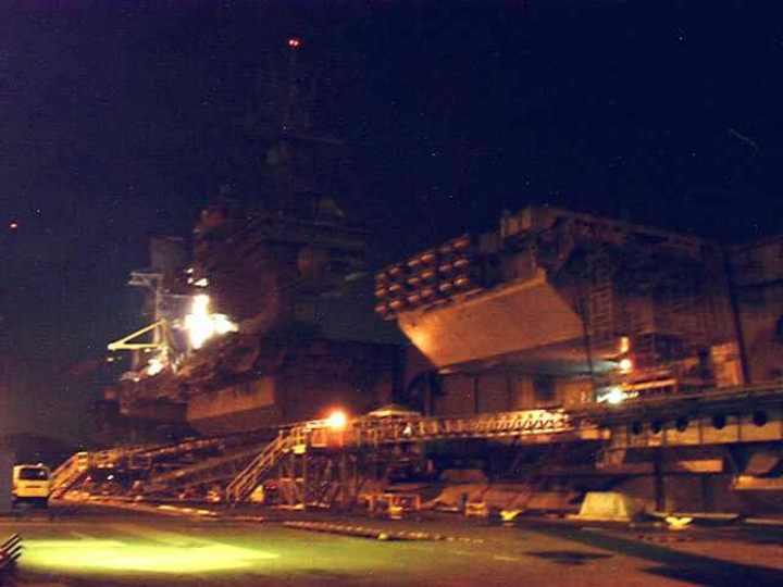 The uss kitty hawk, aircraft carrier as view at night